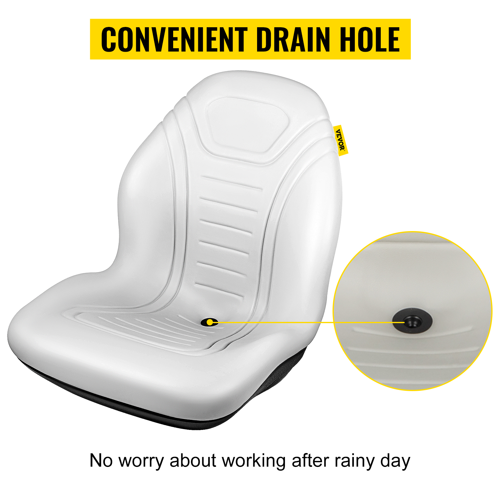 VEVOR Universal Tractor Seat Replacement, Compact High Back Mower Seat, Grey Vinyl Forklift Seat, Central Drain Hole Skid Steer Seat with Mounting Bolt Patterns of 8" x 11.5" & 11.25" x 11.5"