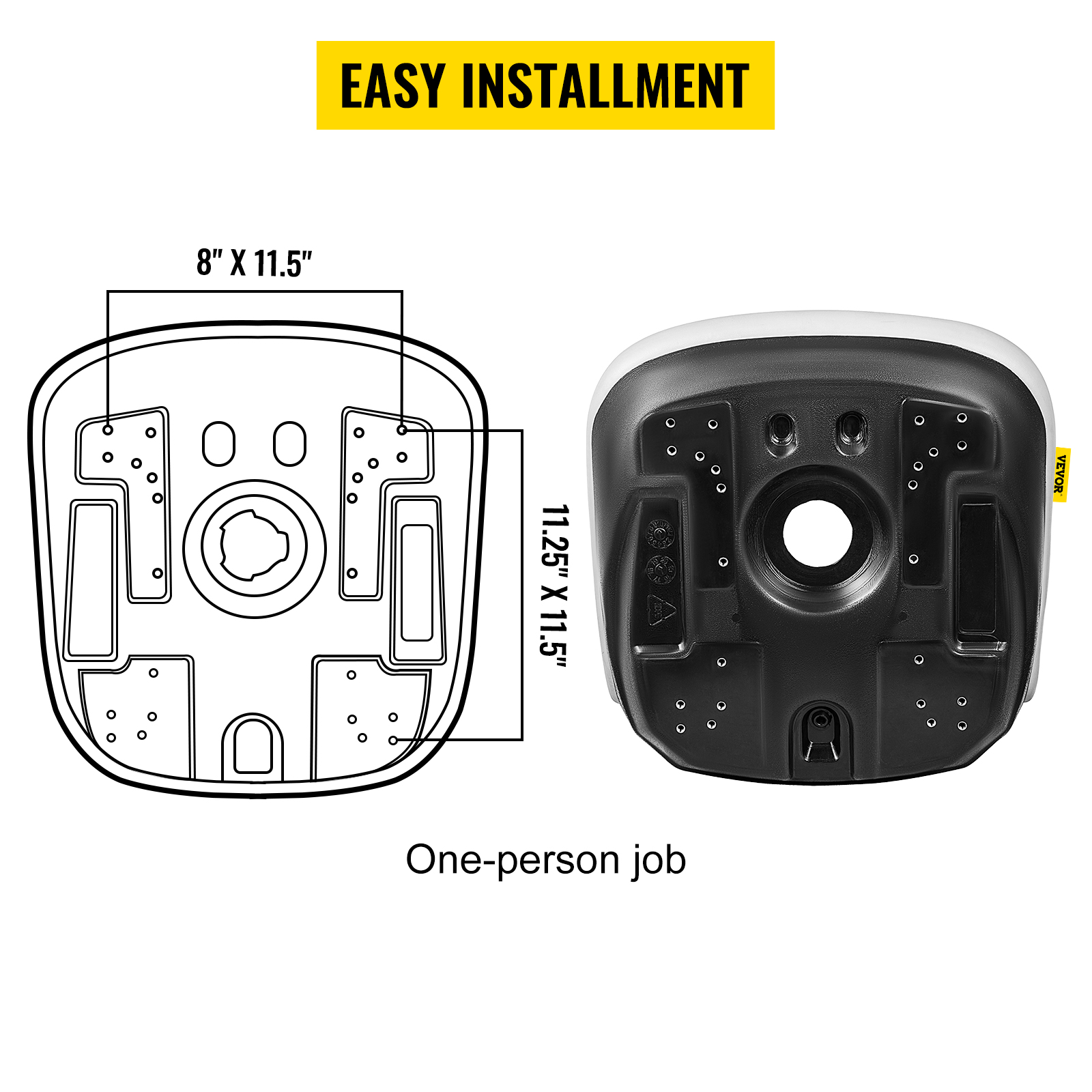 VEVOR VEVOR Asiento de tractor universal, respaldo alto industrial,  reemplazo de asiento de cortacésped y cortacésped de PVC negro, dos  orificios de drenaje Marco de acero Asiento compacto para montacargas,  compatible con