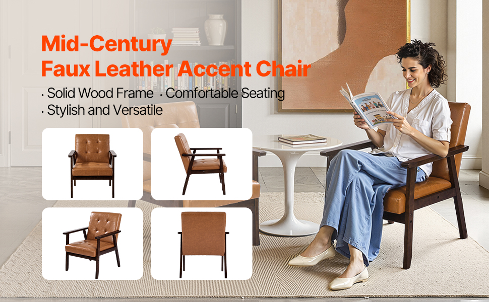Mid-Century Modern Accent Chair - Oversized Upholstered Armchair For Living Room Or Bedroom (Caramel, 1 Pack)