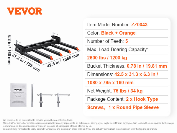 Vevor Clamp On Debris Forks To 48 Bucket 2600 Lbs Capacity Heavy Duty Clamp On Pallet Forks