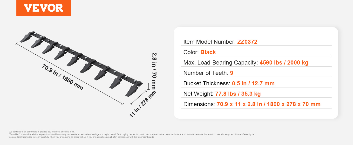 VEVOR Zubová lišta lopaty, 72'', Heavy Duty Tractor Lopata 9 Zubová lišta pro nakládací traktor smykem, 4560 lbs Nosnost šroubu na konstrukci, pro efektivní těžbu půdy a ochranu lopaty