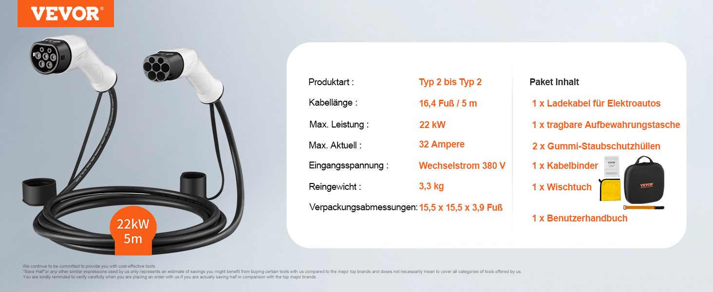 Câble de Charge EV, Type 2 à Type 2, 32 A 5 m