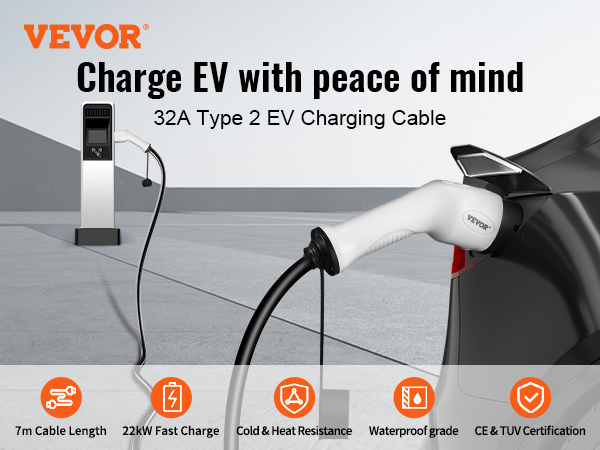 VEVOR Câble de Charge Ev Type 2 à Type 2 Chargeur Voiture Électrique 32A 5m  22kW