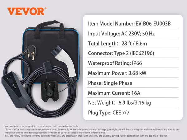 HiEVcar Portable EV Chargeur Type 2 EV Câble 3 Phasé pour Borne de Recharge  11KW Voiture Electrique Commutable Temps et Amps（6A-16A） Prise de Charge