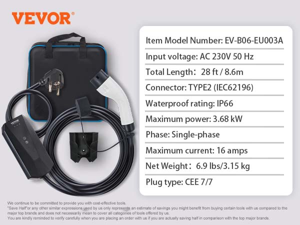 VEVOR Portable EV Charger Type 2 13A 16A 32A Digital Display CEE 3