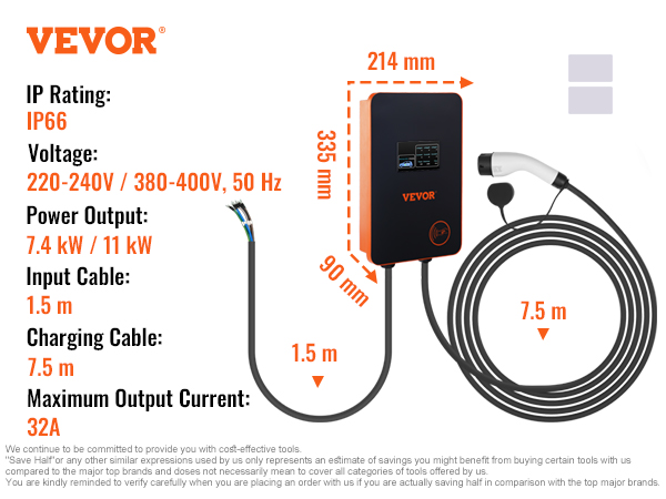 Borne de recharge avec Câble et Chargeur 11KW Triphasé Réglable