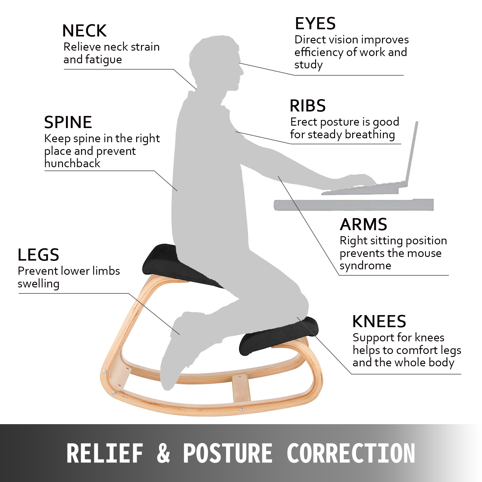 Silla ergonómica para arrodillarse, silla ergonómica de rodillas ajustable  en altura y ángulo, silla de rodilla, cojines de espuma gruesa y ruedas