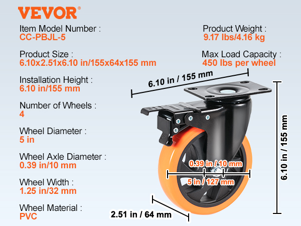 VEVOR VEVOR Juego de 4 ruedas giratorias para muebles industriales, ruedas  silenciosas de PVC de 127 mm con freno de bloqueo A/B, capacidad de carga  de 204 kg por rueda para carros