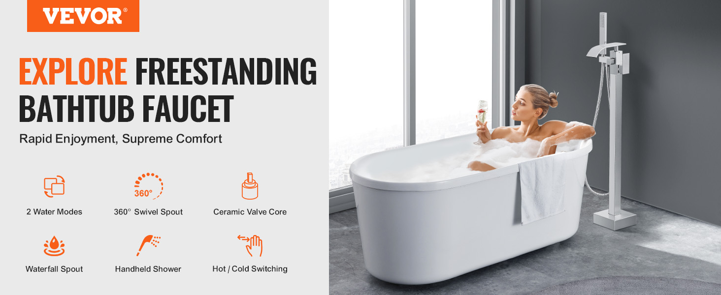 Le robinet de baignoire autoportant VEVOR offre 2 modes d'eau, une rotation à 360° et une douche à main pour plus de luxe.