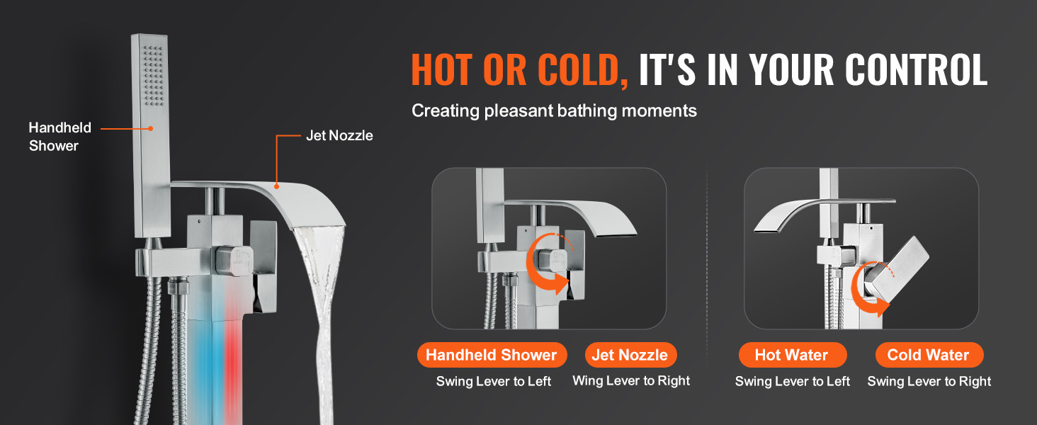 Robinet de baignoire autoportant VEVOR avec douchette à main et buse à jet réglable pour eau chaude/froide.