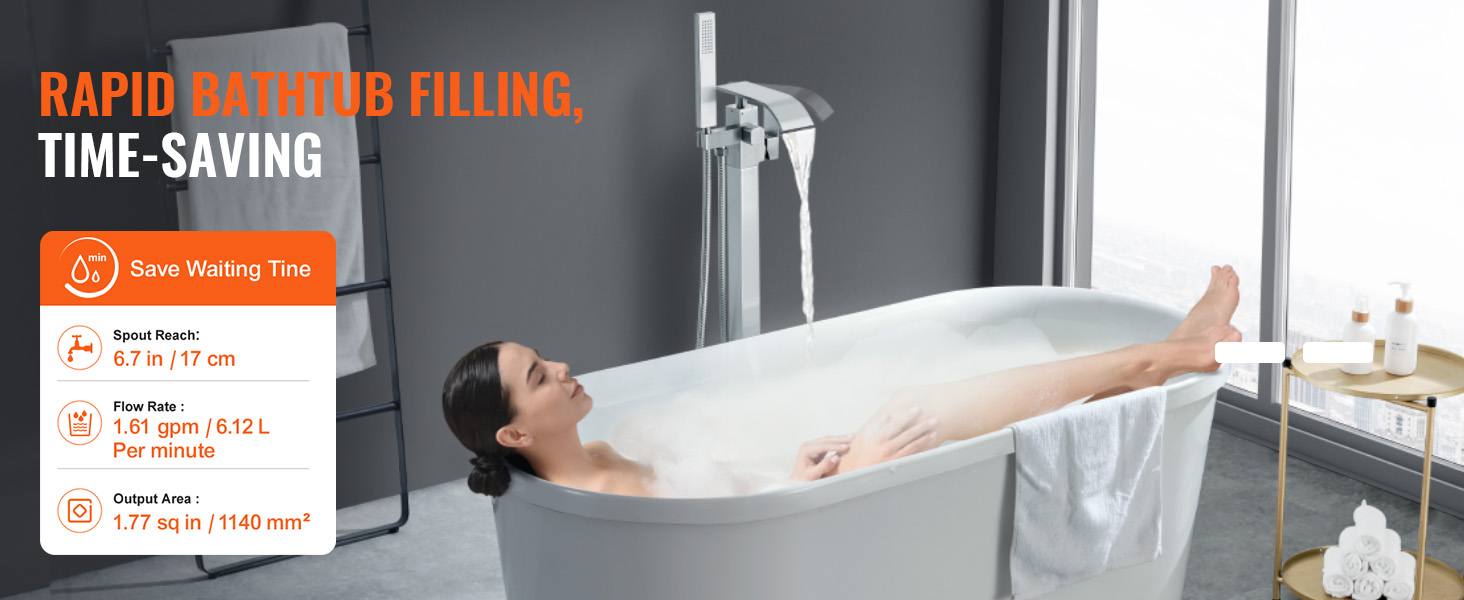 Le robinet de baignoire autoportant VEVOR présente un remplissage rapide de la baignoire, des avantages permettant de gagner du temps et des dimensions.