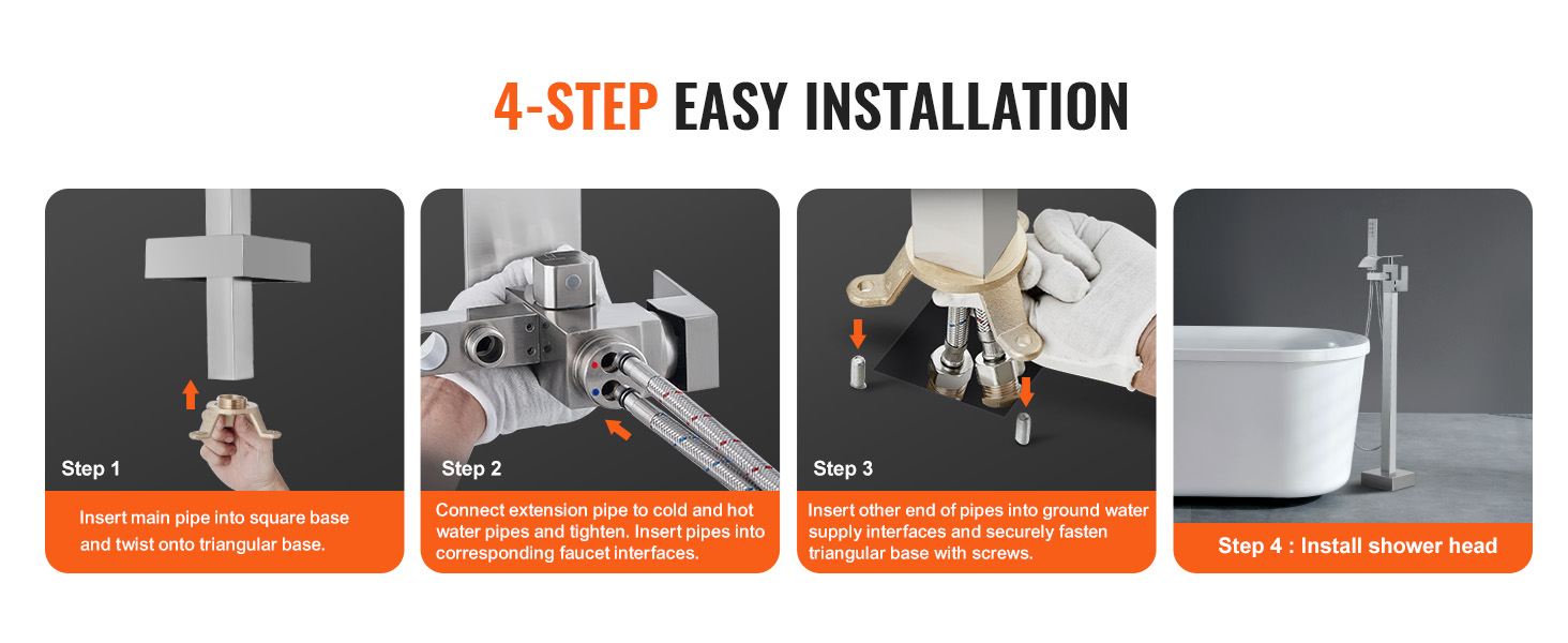 Guide en 4 étapes pour une installation facile du robinet de baignoire autoportant VEVOR détaillé en images et instructions.