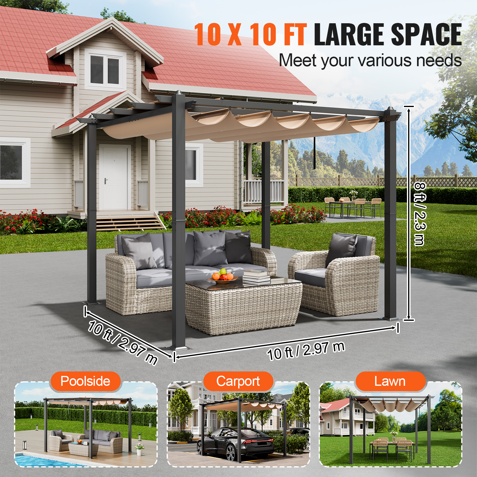 16x12ft 13x10 10x10 Aluminum Patio Pergola w/ Sun Shade Cover Retractable Canopy - Picture 17 of 79