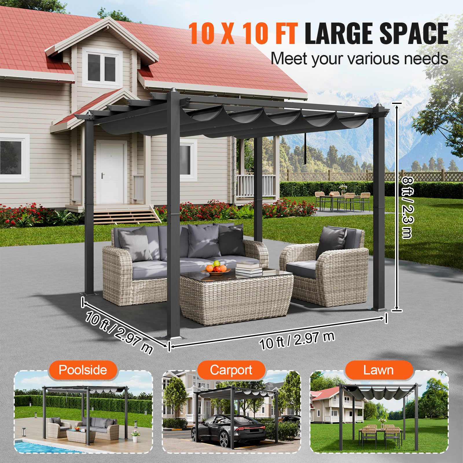 16x12ft 13x10 10x10 Aluminum Patio Pergola w/ Sun Shade Cover Retractable Canopy - Picture 28 of 79