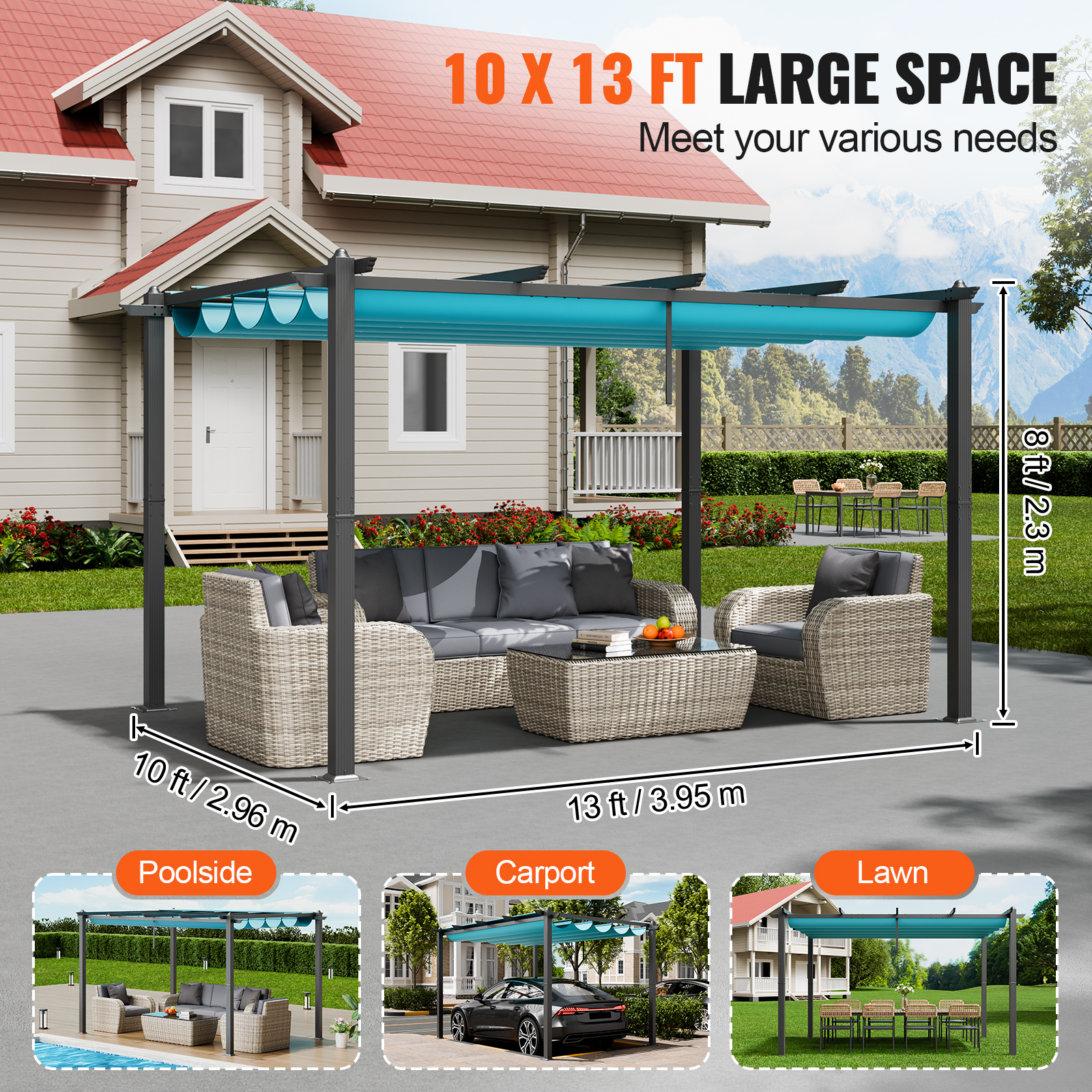 16x12ft 13x10 10x10 Aluminum Patio Pergola w/ Sun Shade Cover Retractable Canopy - Picture 61 of 79