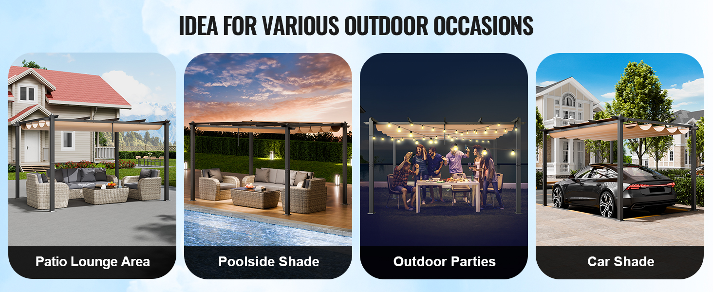 VEVOR 10'x13' Outdoor Retractable Pergola with Canopy, Aluminum Pergola ...