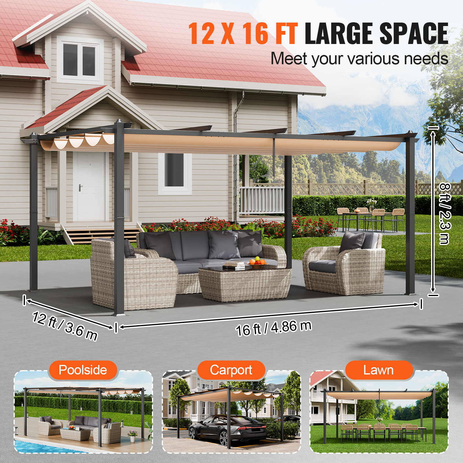 16x12ft 13x10 10x10 Aluminum Patio Pergola w/ Sun Shade Cover Retractable Canopy - Picture 72 of 79