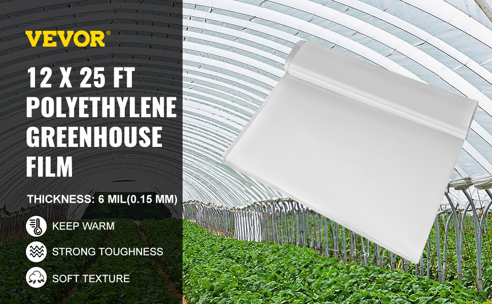 12 ft x 25 ft UV Resistant GRELWT Greenhouse Film 6 mil Thickness Covering Plastic 