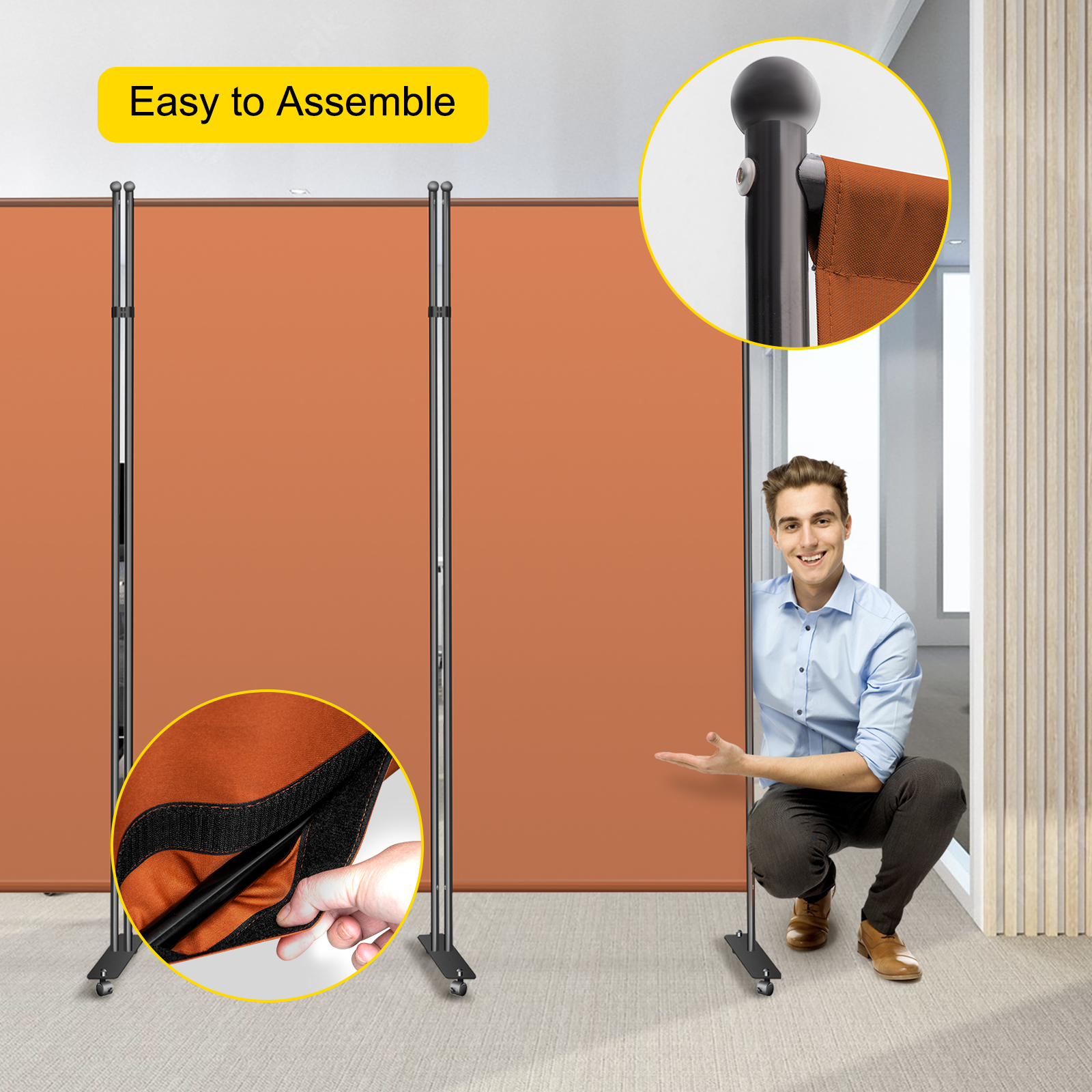 VEVOR Office Partition 89" W x 14" D x 73" H Room Divider 3-Panel Office Divider Folding Portable Office Walls w/ Non-See-Through Fabric Room Partition Reddish Brown for Room Office Restaurant