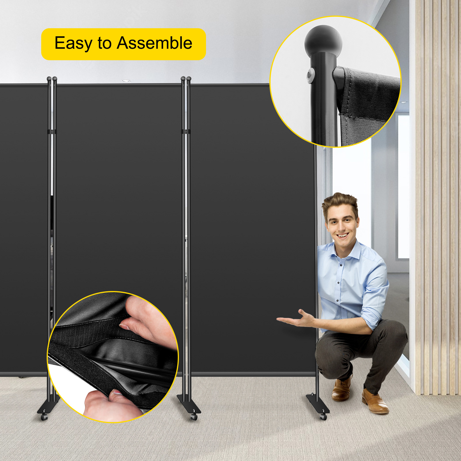 VEVOR Office Partition 89" W x 14" D x 73" H Room Divider Wall 3-Panel Office Divider Folding Portable Office Walls Divider with Non-See-Through Fabric Room Partition Black for Room Office Restaurant