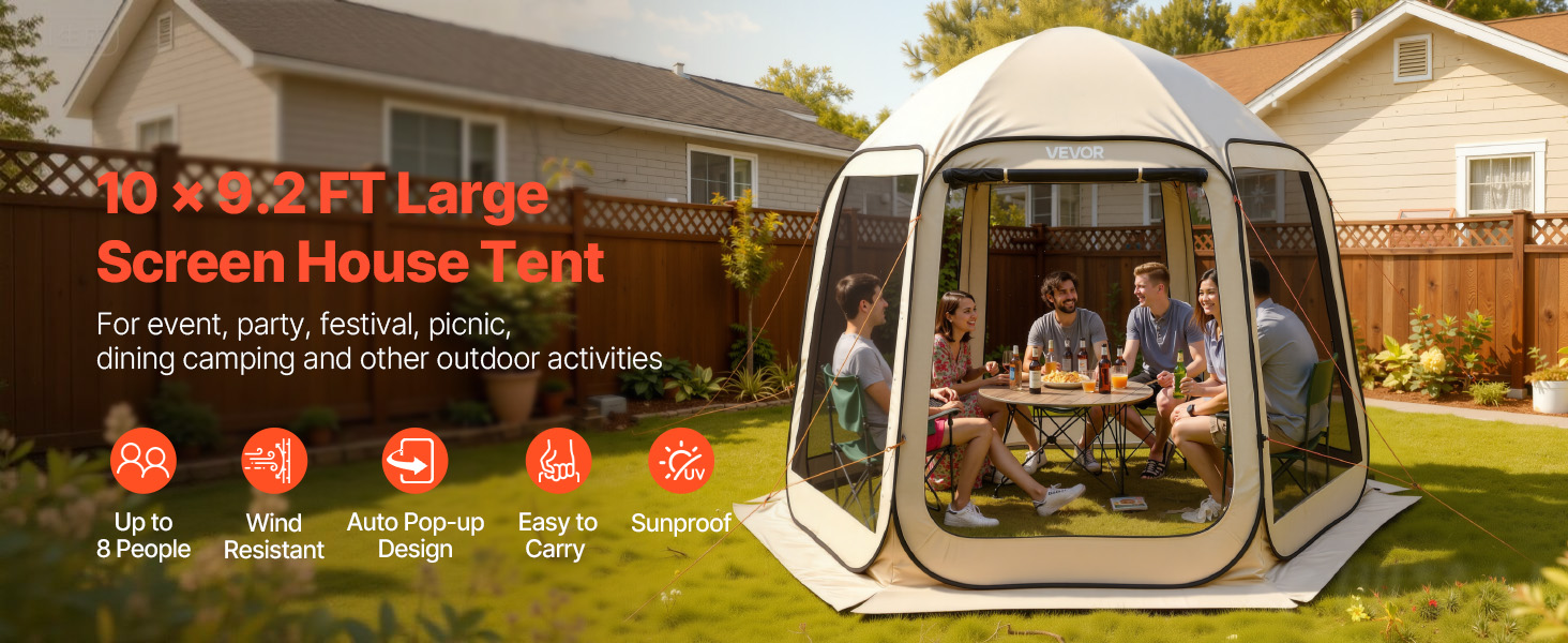 VEVOR Backyard Screen Tent  10 x 9.2 FT, 300D, 8 People