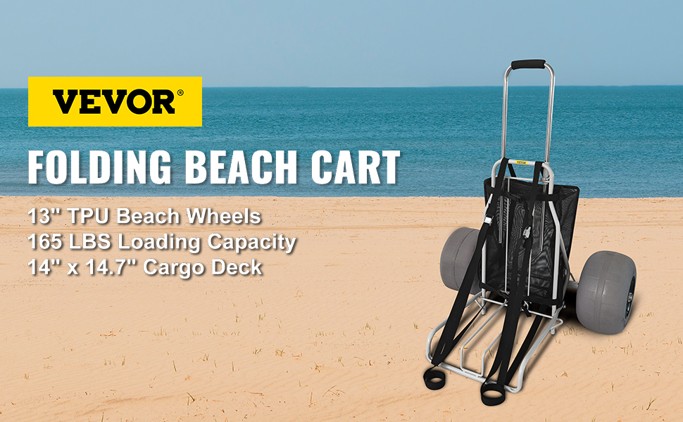 VEVOR Carros de playa VEVOR para arena, plataforma de carga de 14 x 14.7,  con ruedas de globo de TPU de 13, carro de arena plegable con capacidad de  carga de 165