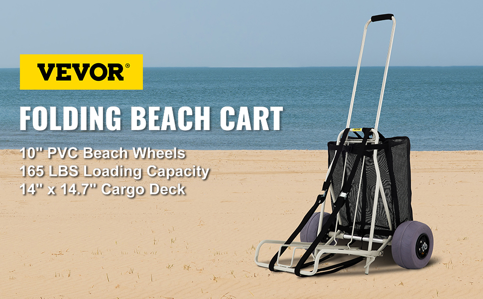 VEVOR Beach Carts for The Sand, w/ 10 PVC Balloon Wheels, 14 x 14.7  Cargo Deck, 165LBS Loading Folding Sand Cart & 29.5 to 49.2 Adjustable  Height, Heavy Duty Cart for Picnic