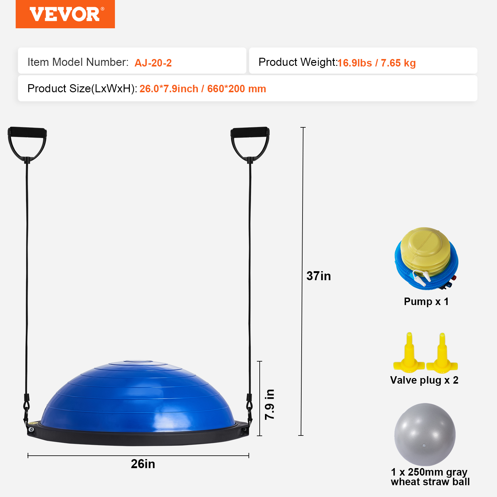 VEVOR 23/26" Half Exercise Ball Trainer Balance Stability Ball Resistance Band