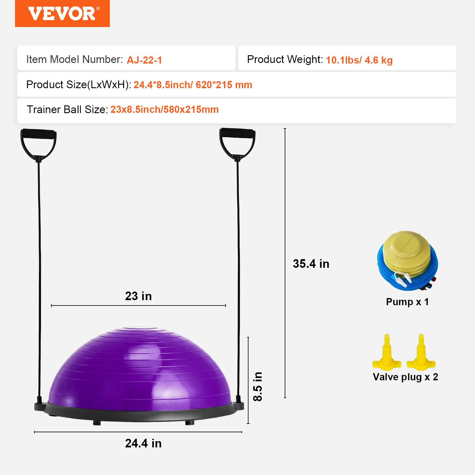 VEVOR 23/26" Half Exercise Ball Trainer Balance Stability Ball Resistance Band