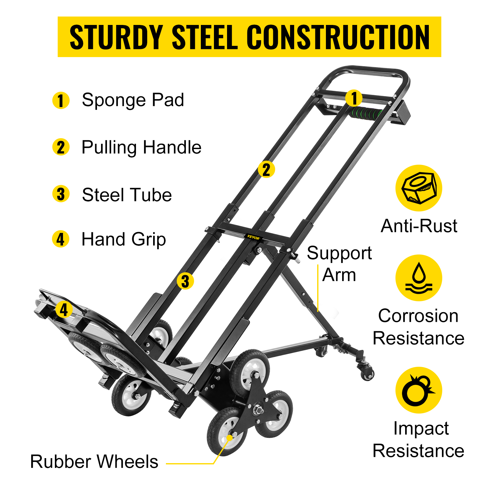 VEVOR Carrello Pieghevole per Scale da 208KG Carrello Manuale con 6 Ruote  in Nero