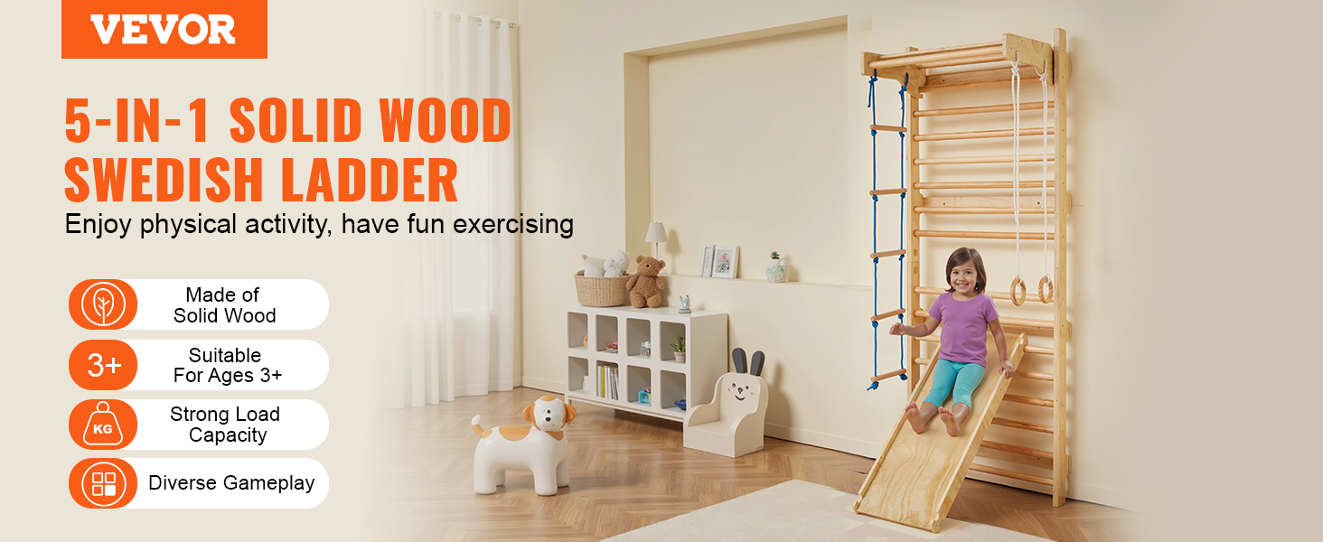 VEVOR 5 En 1 Juego De Escalada Para Niños – Escalera Sueca, Barra De Dominadas, Cuerda Y Anillos – Capacidad De 99.8 Kg – Multicolor