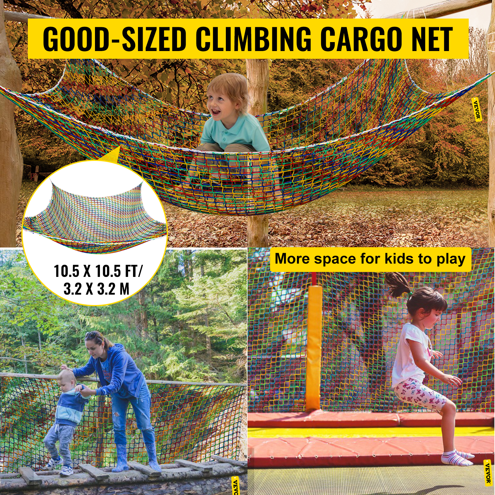 VEVOR Climbing Cargo Net 10.5 x 10.5 ft Playground Climbing Cargo Net Polyester Double Layers Cargo Net Climbing Outdoor w/500lbs Weight Capacity