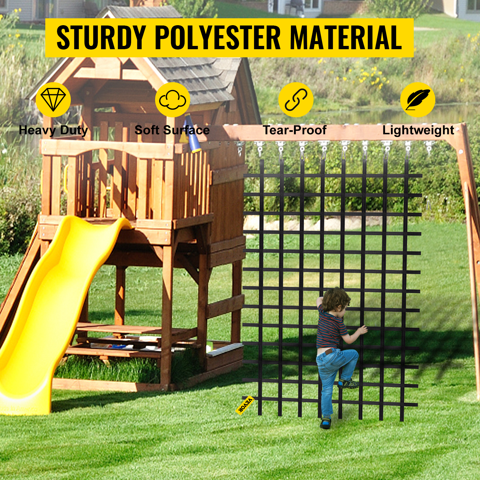 VEVOR Climbing Cargo Net, 11' x 6' Playground Climbing Net, Polyester Material, Ladder, Swingset, Large Military Climbing Cargo Net for Kids & Adult, Indoor & Outdoor, Treehouse, Jungle Gyms