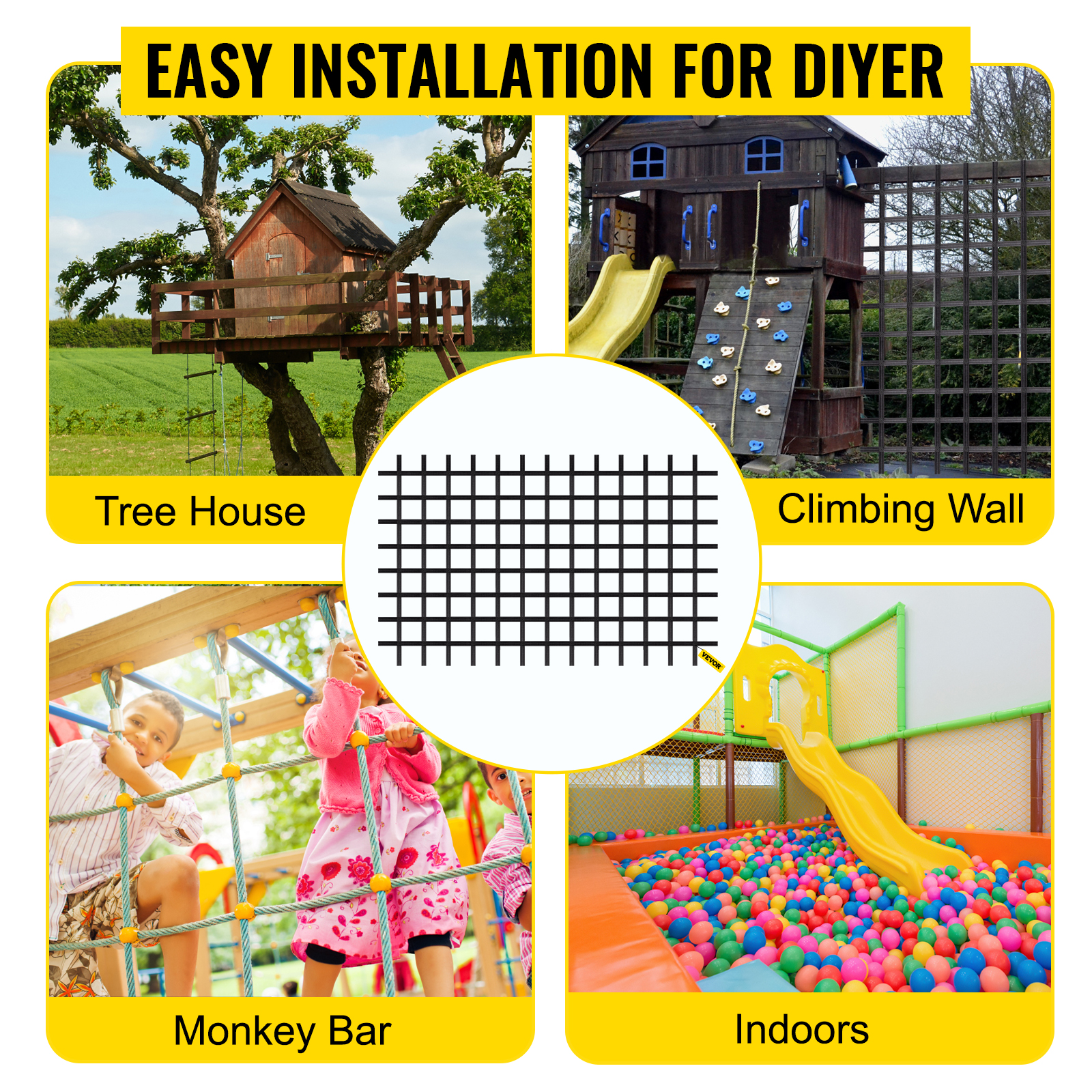 VEVOR Climbing Cargo Net, 11' x 6' Playground Climbing Net, Polyester Material, Ladder, Swingset, Large Military Climbing Cargo Net for Kids & Adult, Indoor & Outdoor, Treehouse, Jungle Gyms