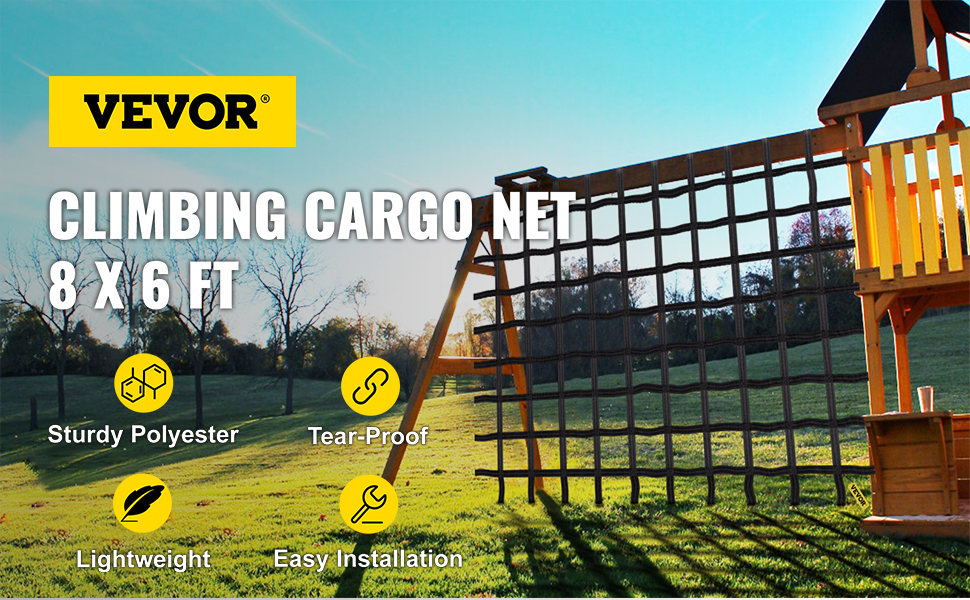 VEVOR Climbing Cargo Net, 10.5 x 10.5 ft Playground Climbing Cargo Net,  Polyester Double Layers Cargo Net Climbing Outdoor w/500lbs Weight  Capacity