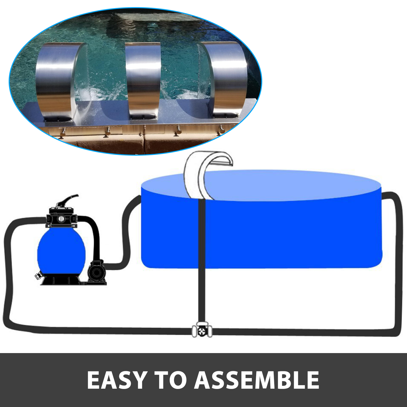VEVOR Pool Waterfall Fountain Stainless Steel Fountain 15.4" x 7.9" x 1.5" Silver Pool Fountains for Ground Pools Garden Outdoor Waterfalls Sheer Descent Pond Water Feature