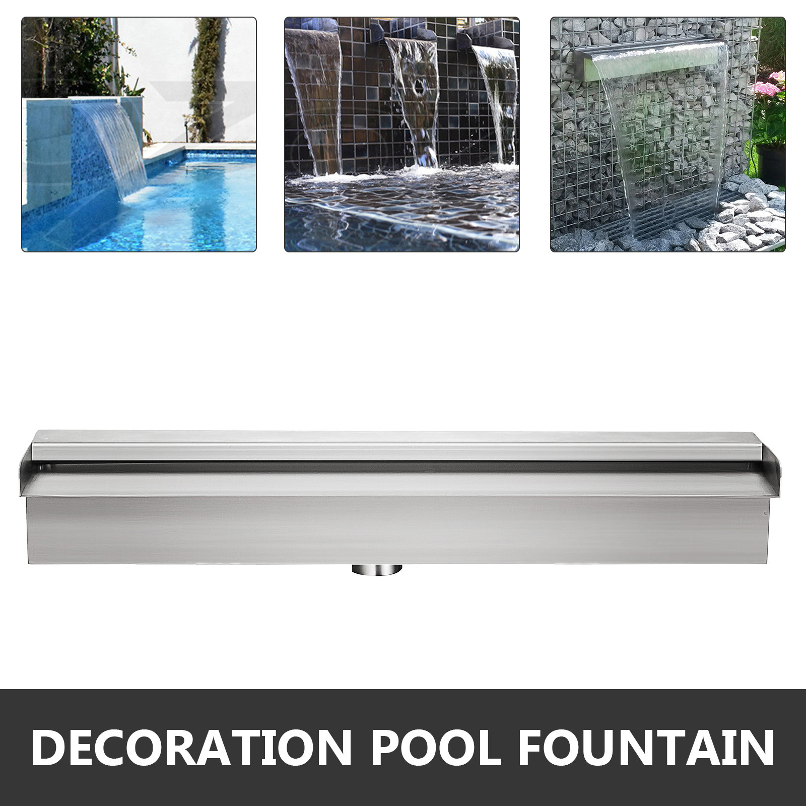 VEVOR Pool Fountain Stainless Steel Pool Waterfall Spillway with Pipe Connector Rectangular Garden Outdoor (59.1")