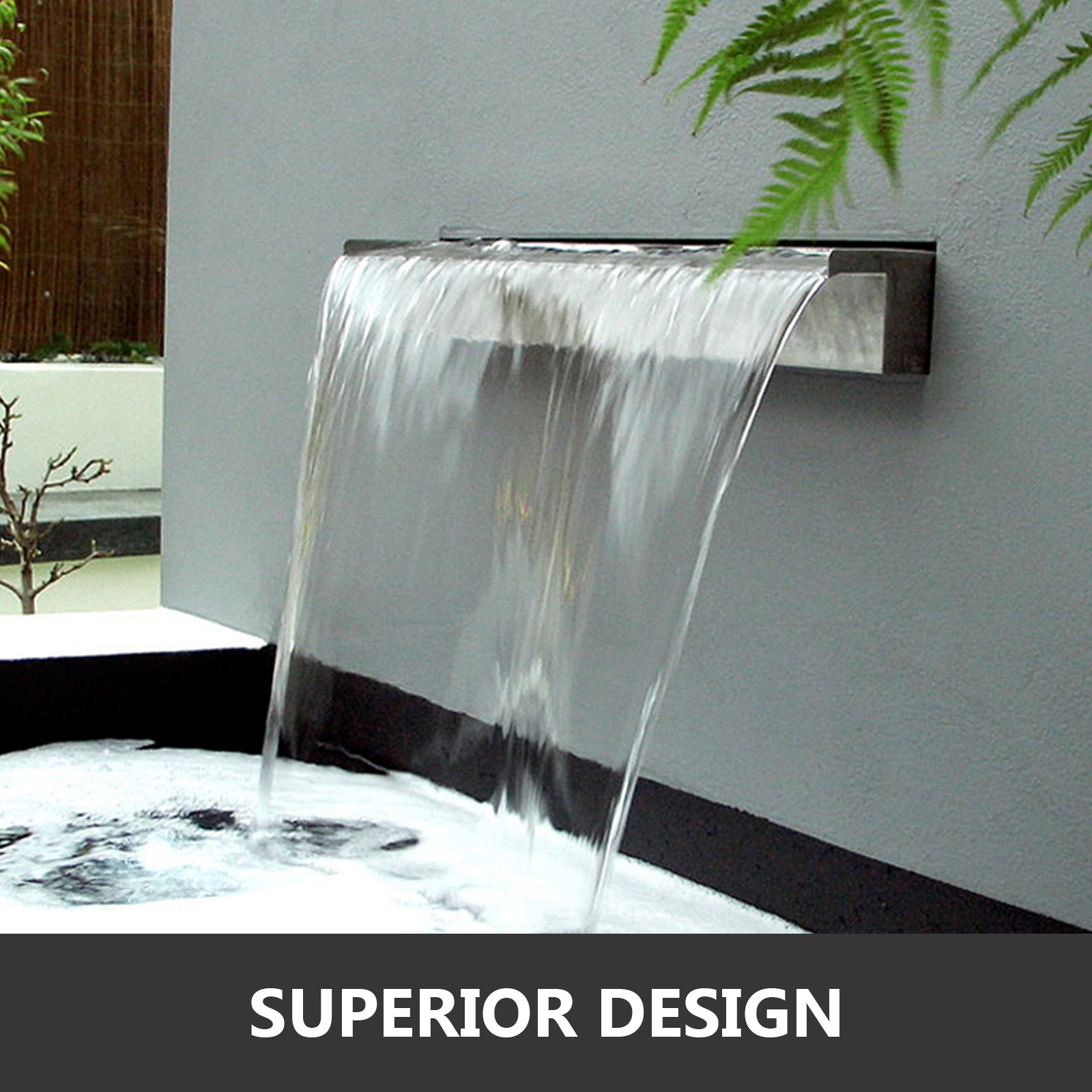 VEVOR Pool Fountain Stainless Steel Pool Waterfall Spillway with Pipe Connector Rectangular Garden Outdoor (59.1")
