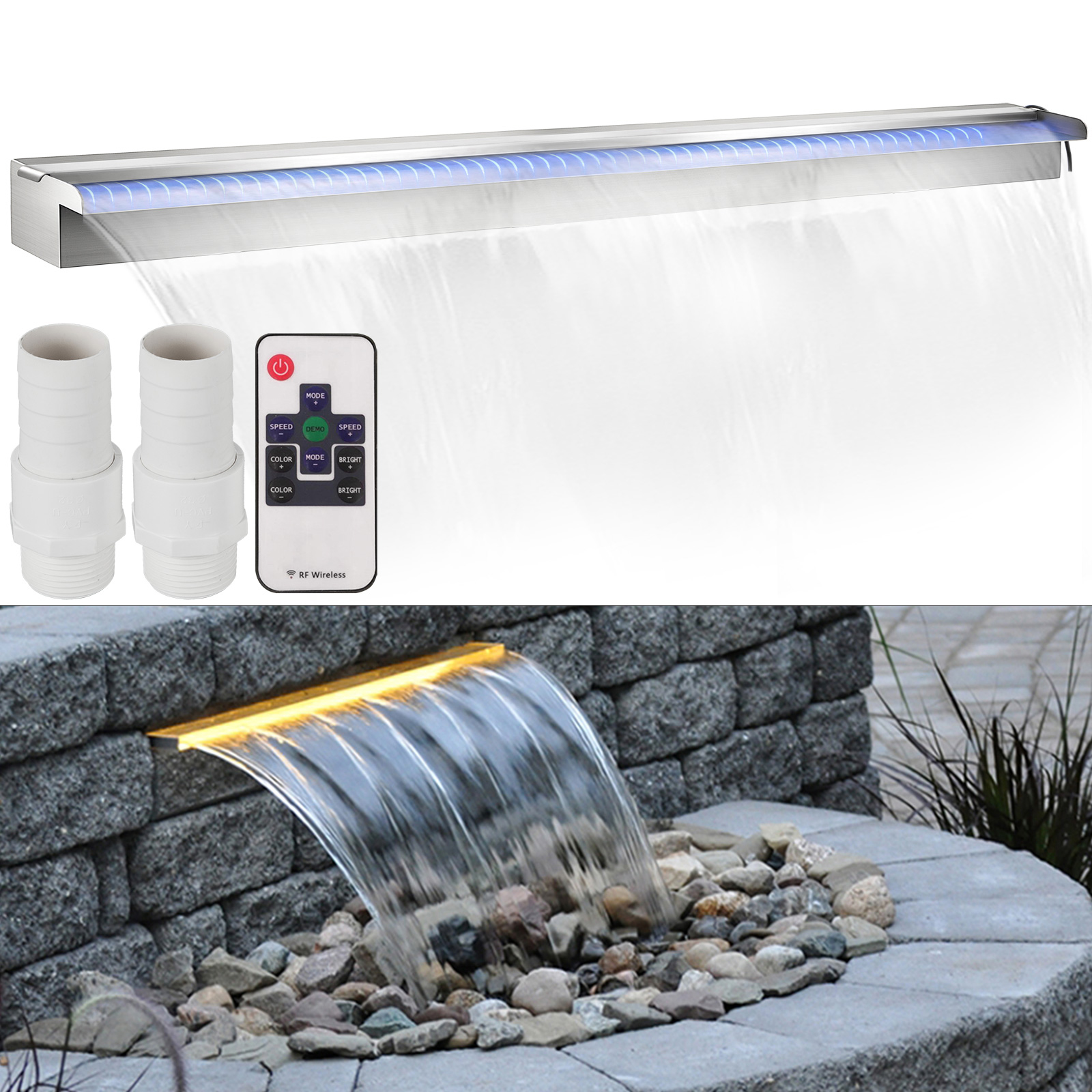 Waterfall Pool Fountain,LED Light,Stainless Steel