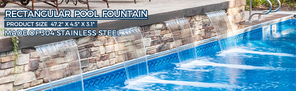 VEVOR Pool Fountain 47.2" x 4.5" x 3.1" Stainless Steel Pool Waterfall with LED Strip Light Waterfall Spillway with Pipe Connector Rectangular Garden Outdoor
