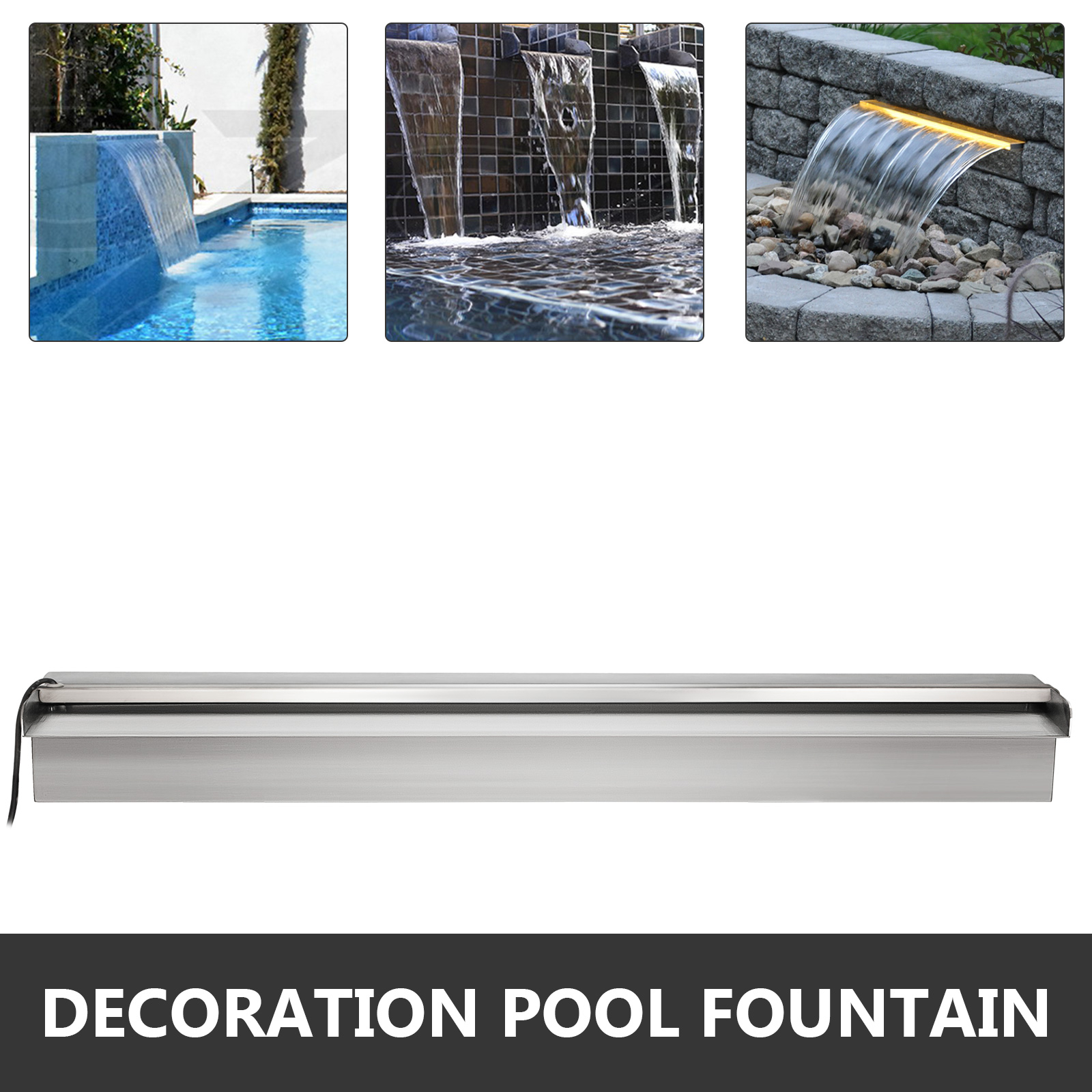 W x D x H Patiolife Pool Fountain Stainless Steel Pool Waterfall 47.2 x 4.5 x 3.1 with LED Strip Light Waterfall Spillway Rectangular Garden Outdoor 59.4 