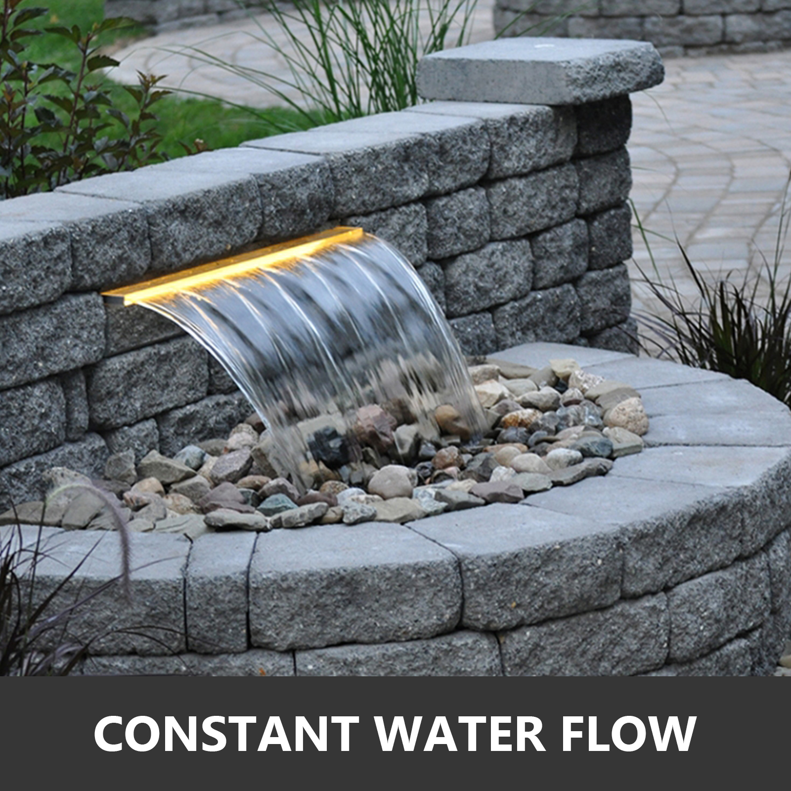 VEVOR Pool Fountain 47.2" x 4.5" x 3.1" Stainless Steel Pool Waterfall with LED Strip Light Waterfall Spillway with Pipe Connector Rectangular Garden Outdoor