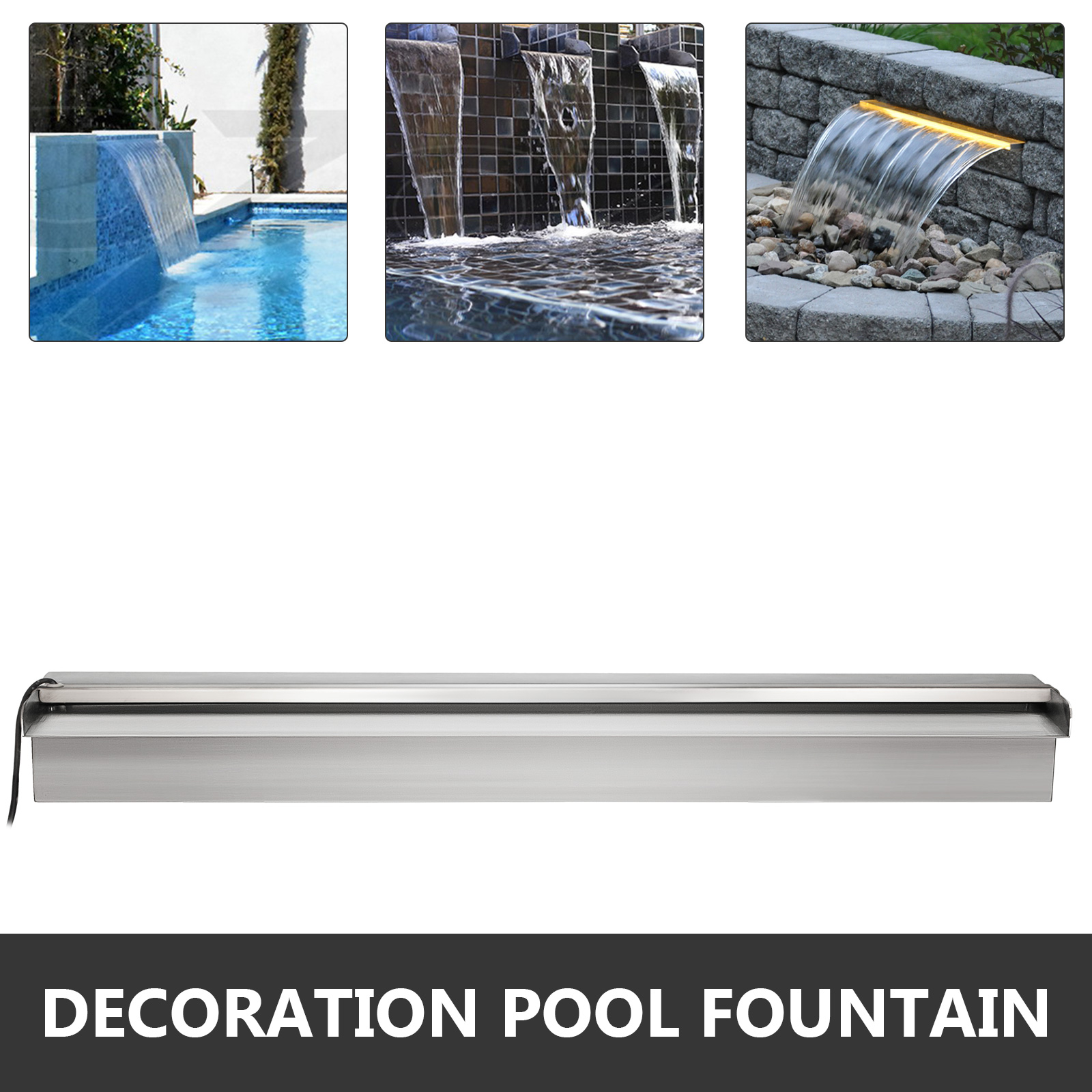 VEVOR Pool Fountain Stainless Steel Pool Waterfall 35.4" x 4.5" x 3.1"(W x D x H) with LED Strip Light Waterfall Spillway with Pipe Connector Rectangular Garden Outdoor 