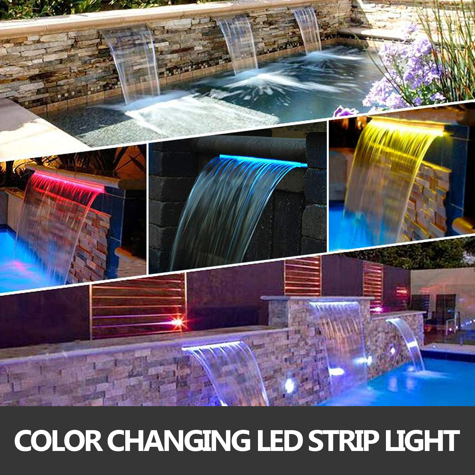 VEVOR Pool Fountain Stainless Steel Pool Waterfall 35.4" x 4.5" x 3.1"(W x D x H) with LED Strip Light Waterfall Spillway with Pipe Connector Rectangular Garden Outdoor 