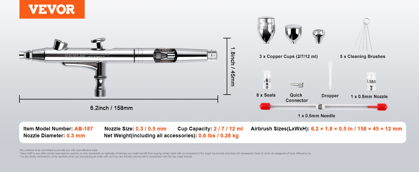 VEVOR Airbrush pistole, 0,3 mm a 0,5 mm Dual Action Gravity Feed Airbrush, Airbrush sada s 2/7/12 ml měděnými kelímky a čistícím příslušenstvím, Air Brush pistole na malování modelů, dortů, zákusků, nail art