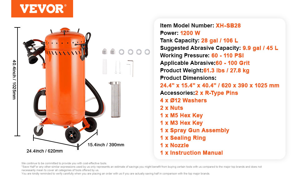 VEVOR 28 Gallon Vacuum Sand Blaster, Dustless Sandblaster with Builtin