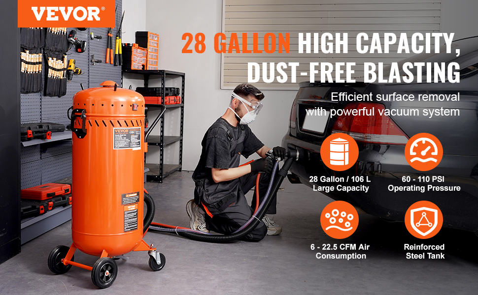 VEVOR 28 Gallon Vacuum Sand Blaster, Dustless Sandblaster with Builtin