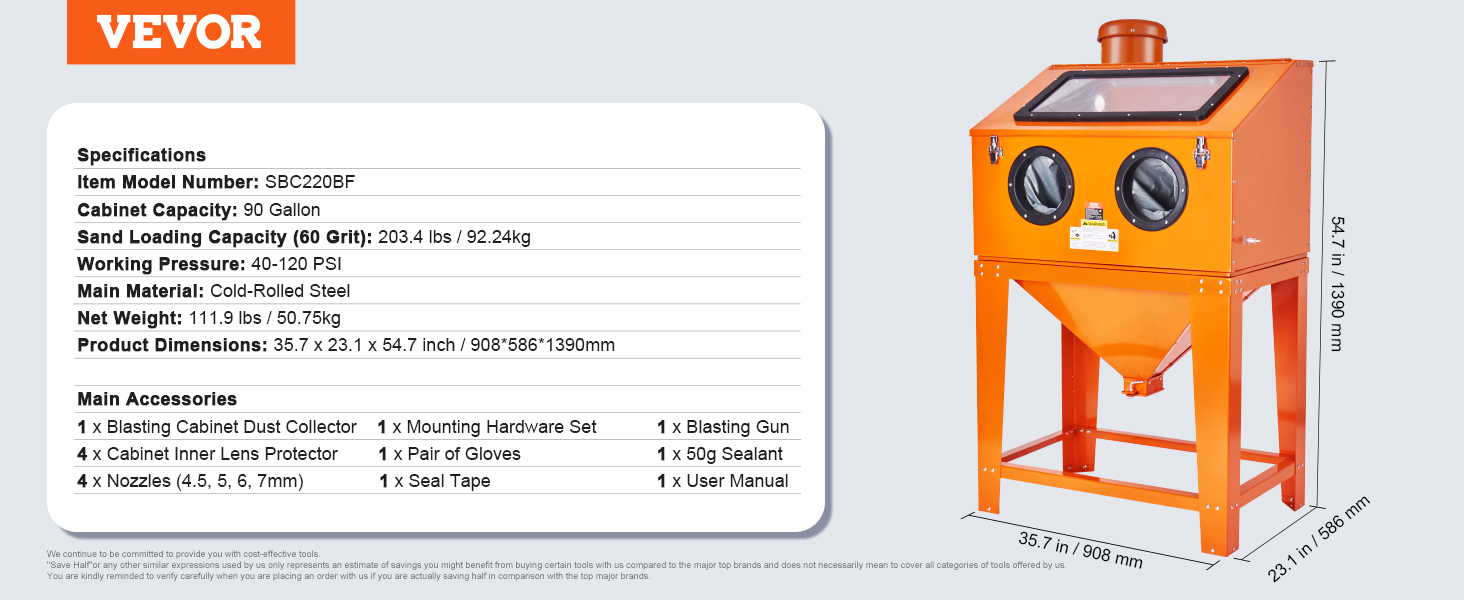 VEVOR 90 galonová pískovací skříň s 1,8 galonovým systémem sběru prachu