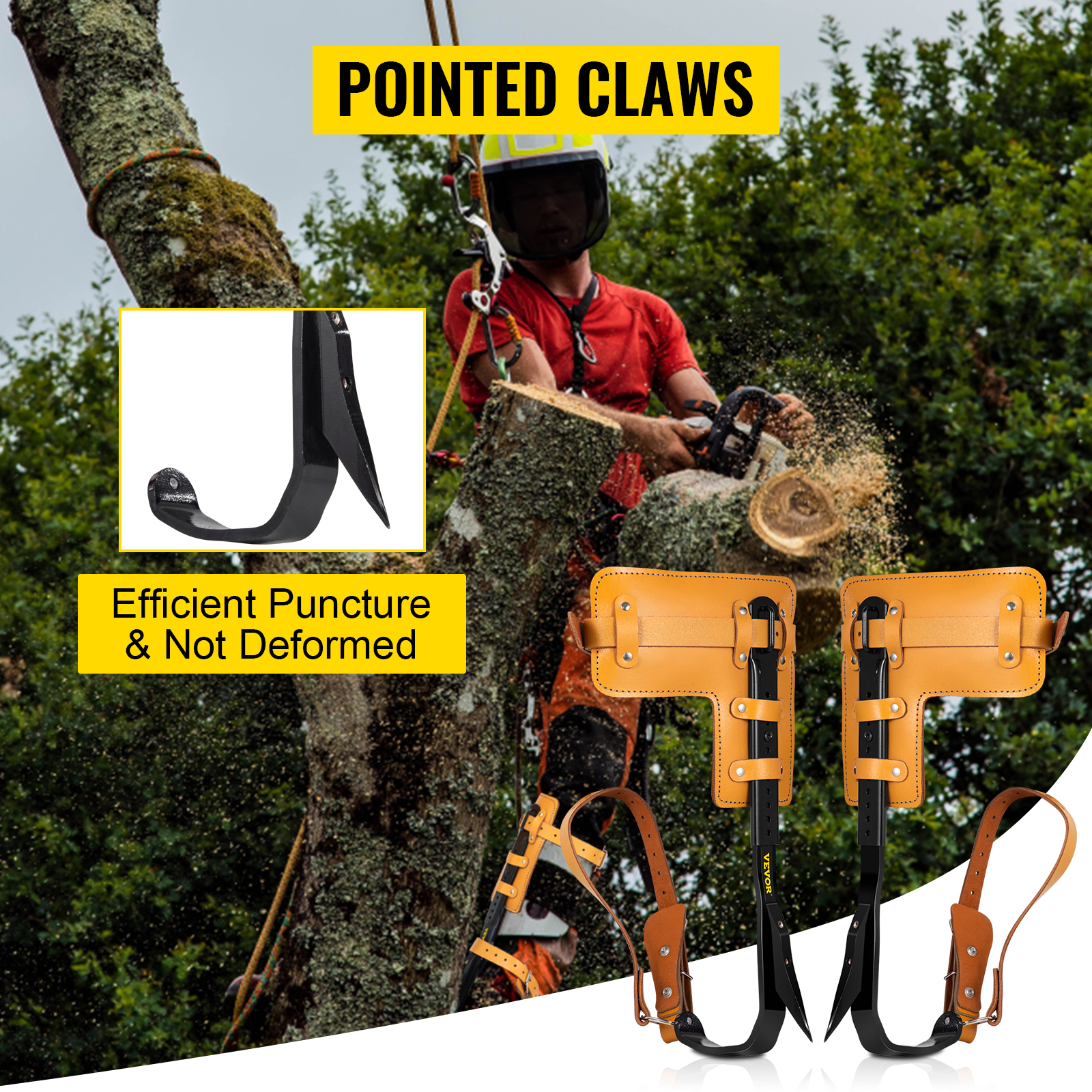 VEVOR Tree Climbing Spikes, 1 Pair Alloy Steel Pole Climbing Spurs, w/  Adjustable Height and Cow Leather Straps, Arborist Equipment for Climbers