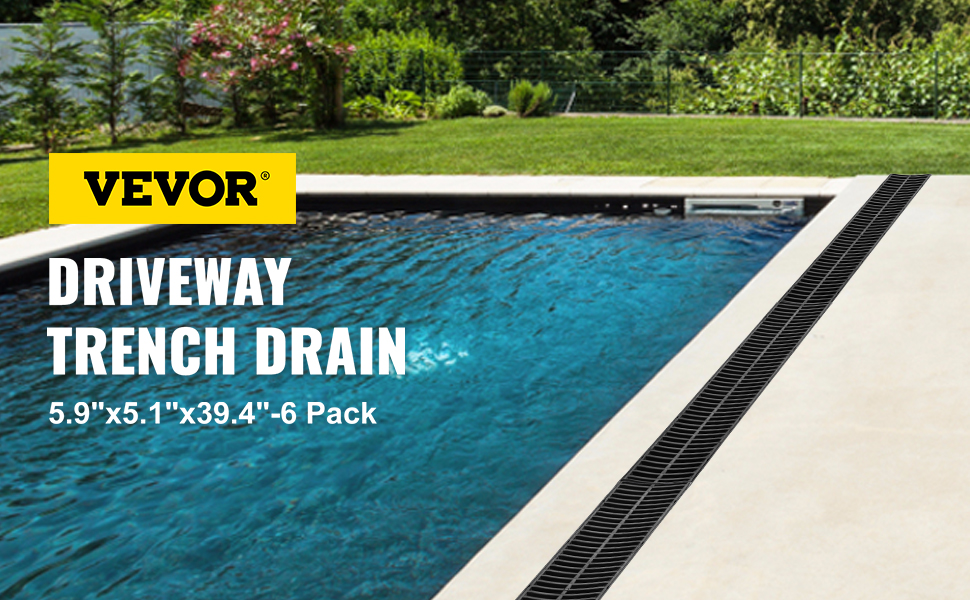 VEVOR Trench Drain System, Channel Drain with Plastic Grate, 5.9x5.1-Inch HDPE Drainage Trench, Black Plastic Garage Floor Drain, 6x39 Trench Drain Grate, with 6 End Caps, for Garden, Driveway-6 Pack